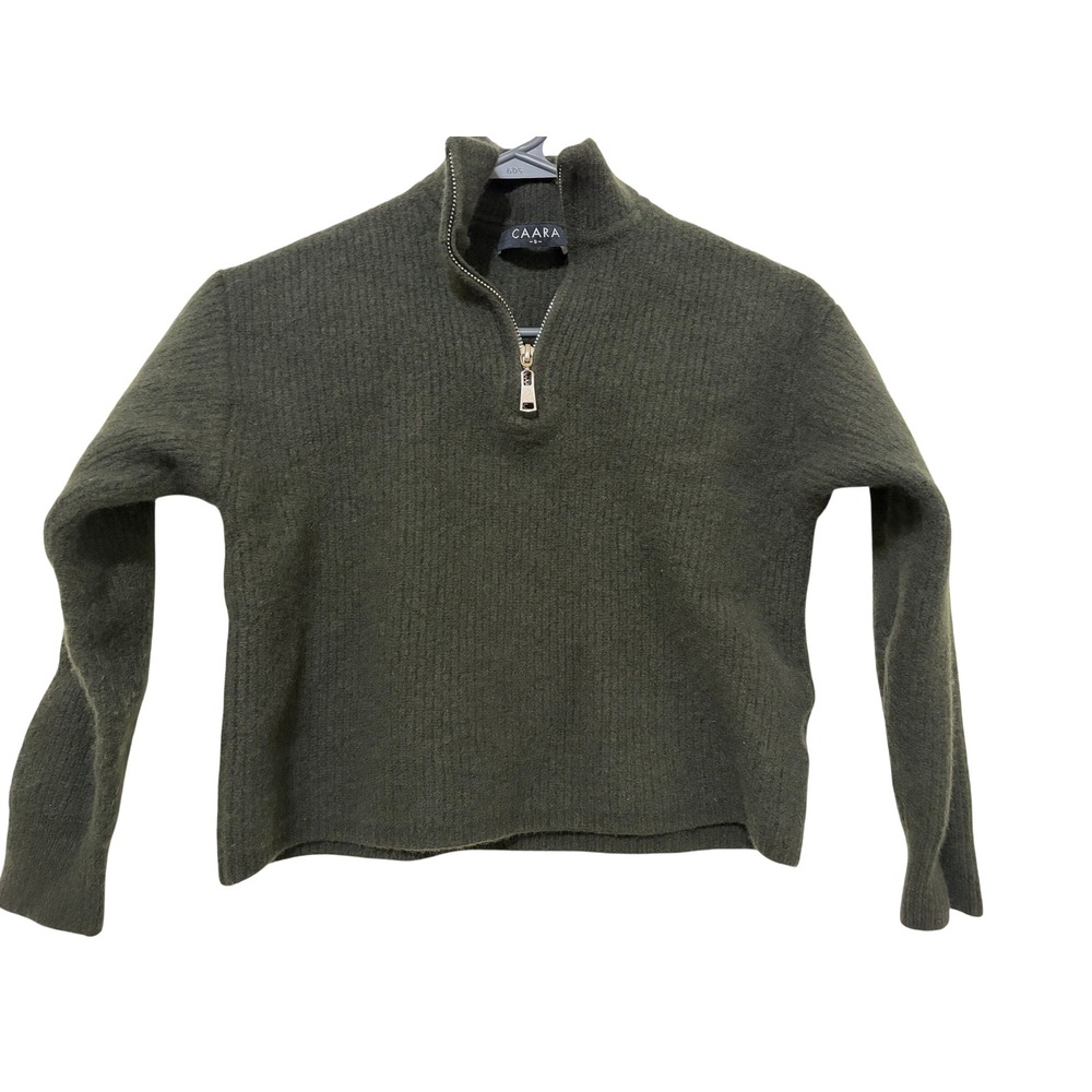 CAARA Womens 100% Wool Quarter Zip Ribbed Sweater Forest Green Small Beach Fires